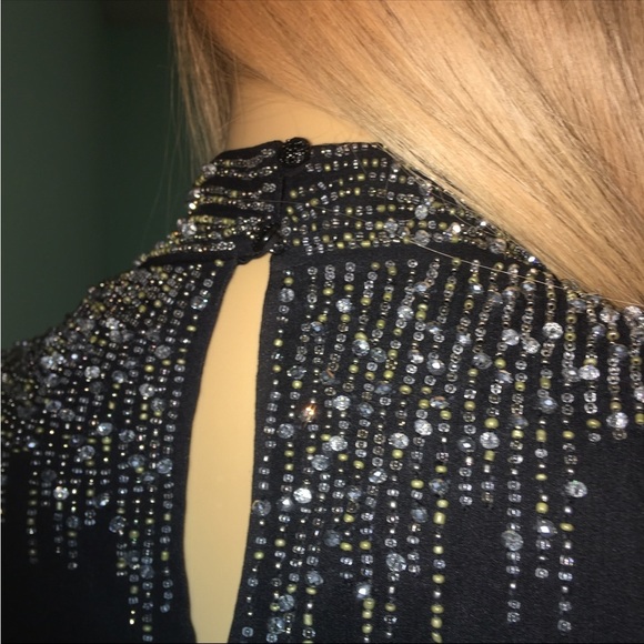 ST JOHN Couture Black 100% Silk Rhinestone Bead Embellished Cocktail Top - Picture 4 of 8